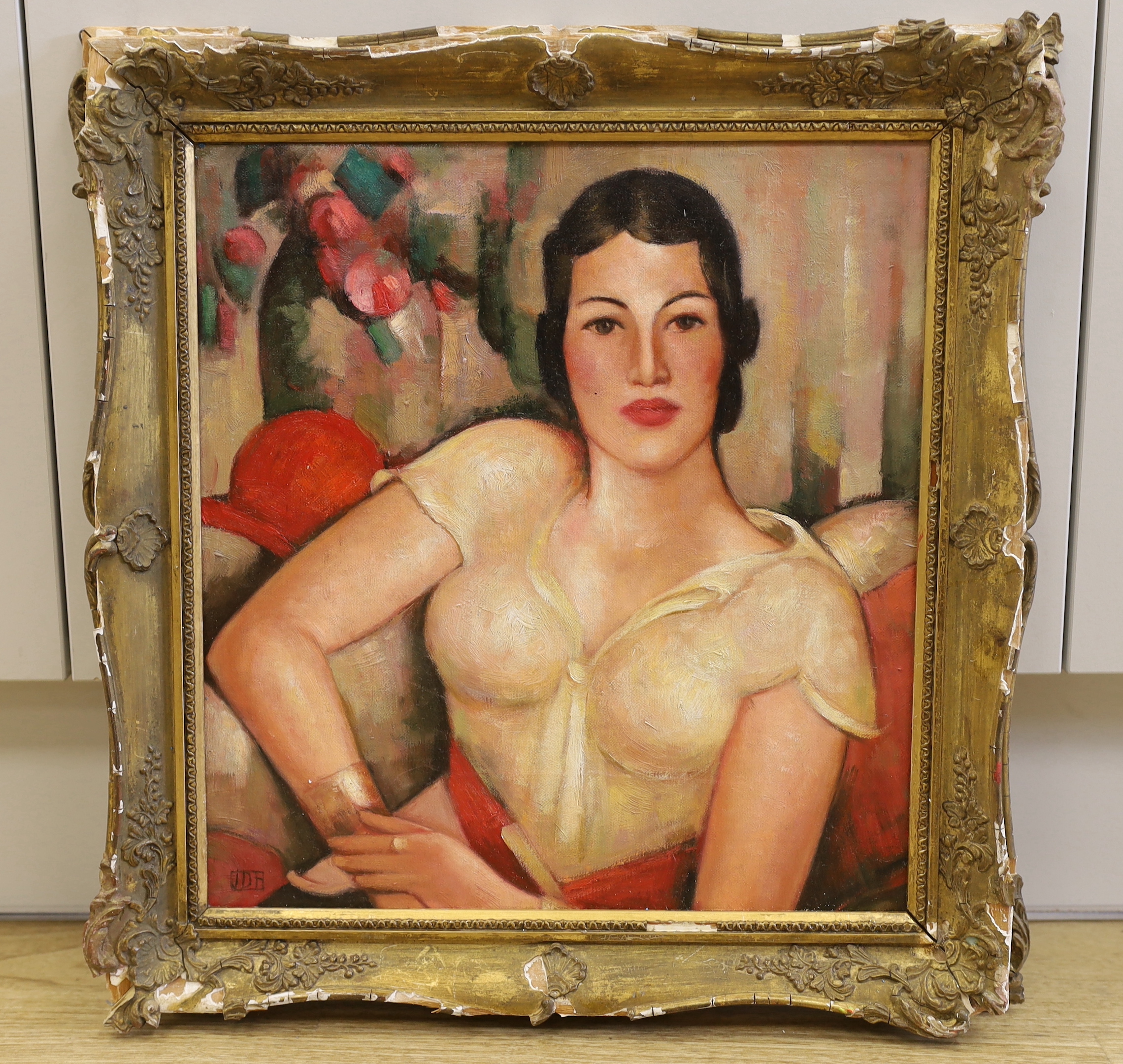 After J.D.Ferguson, oil on board, Study of an Art Deco style female, 36 x 34cm